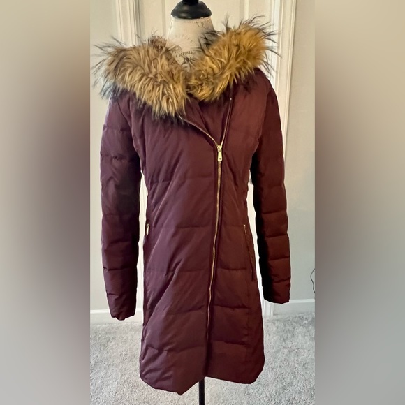 Burgundy/wine colored full length Cole Haan puffer jacket with fur lined hood - Picture 1 of 3